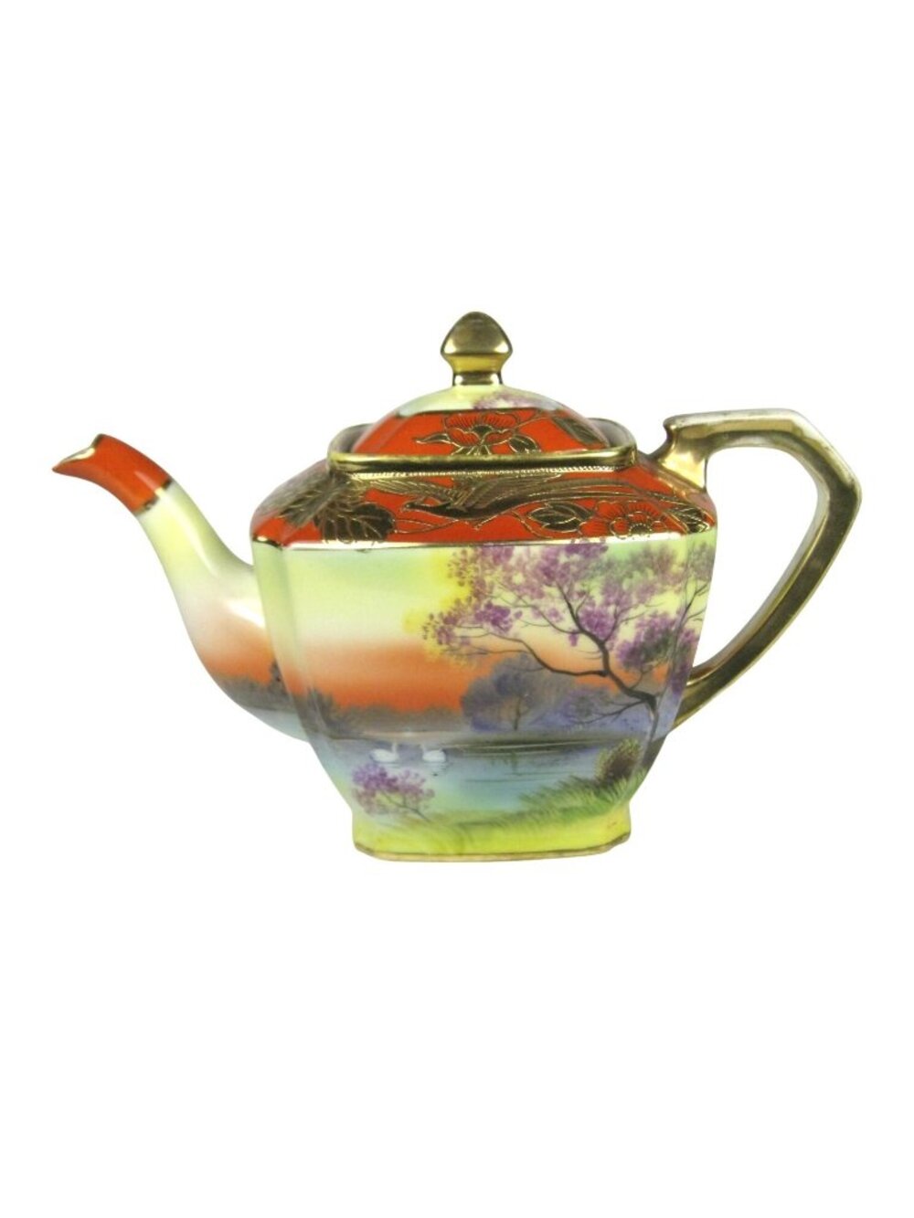 Noritake Hand Painted Porcelain Teapot Gold Accents Scenic Landscape Japan